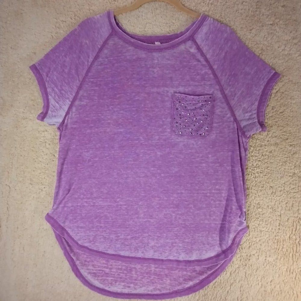 Seven7 Womens Sz L Heather Purple Short Sleeve Studded Pocket Hi/Low Hem Top